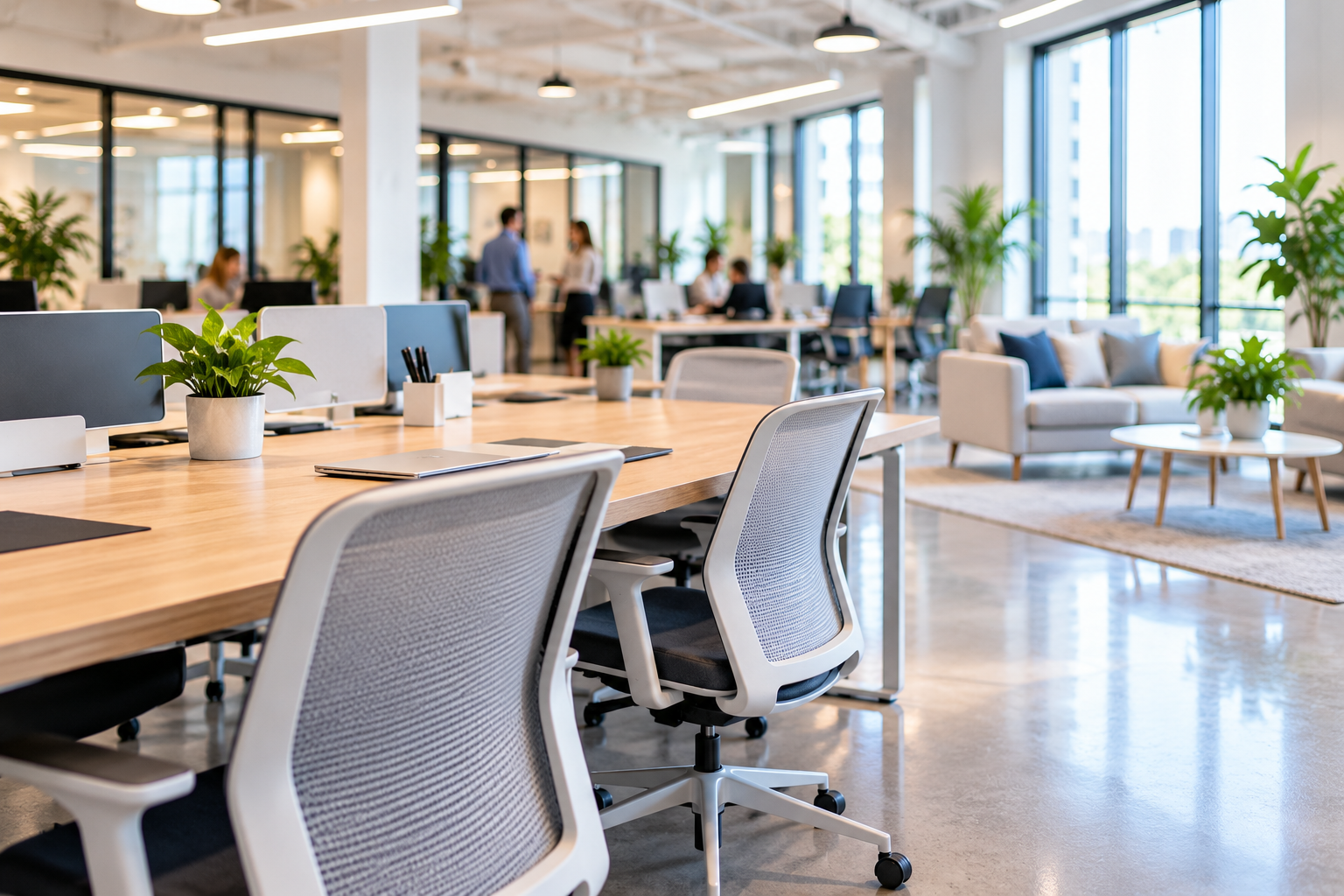 Bright, relaxed technology office with desks and chairs in focus and colleagues softly blurred in the background