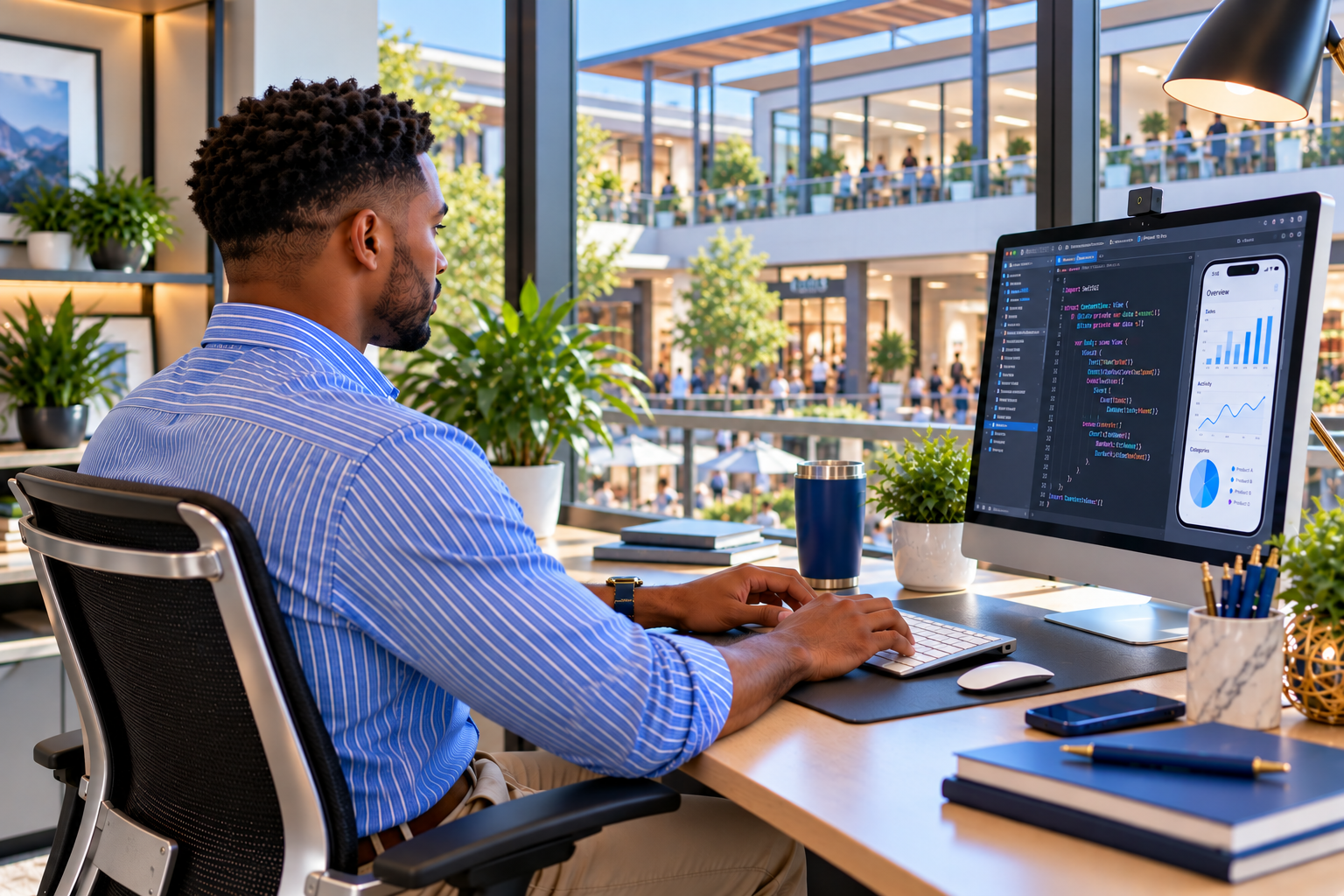 Software developer working in Xcode with Swift code and an iPhone simulator showing charts, overlooking an open-air shopping and office complex