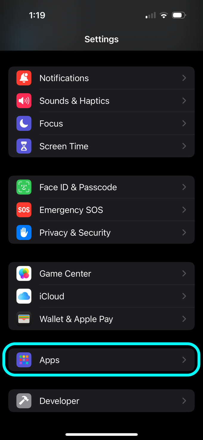 iPhone Settings screenshot, step 1 of the Help Center instructions