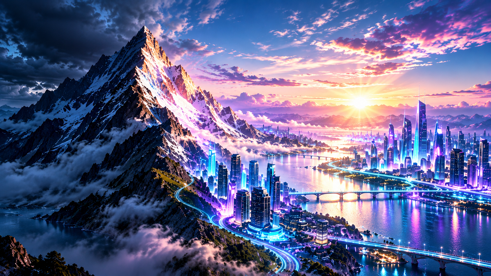 Futuristic mountain landscape transitioning from shadow to a bright cyan and violet city at sunrise