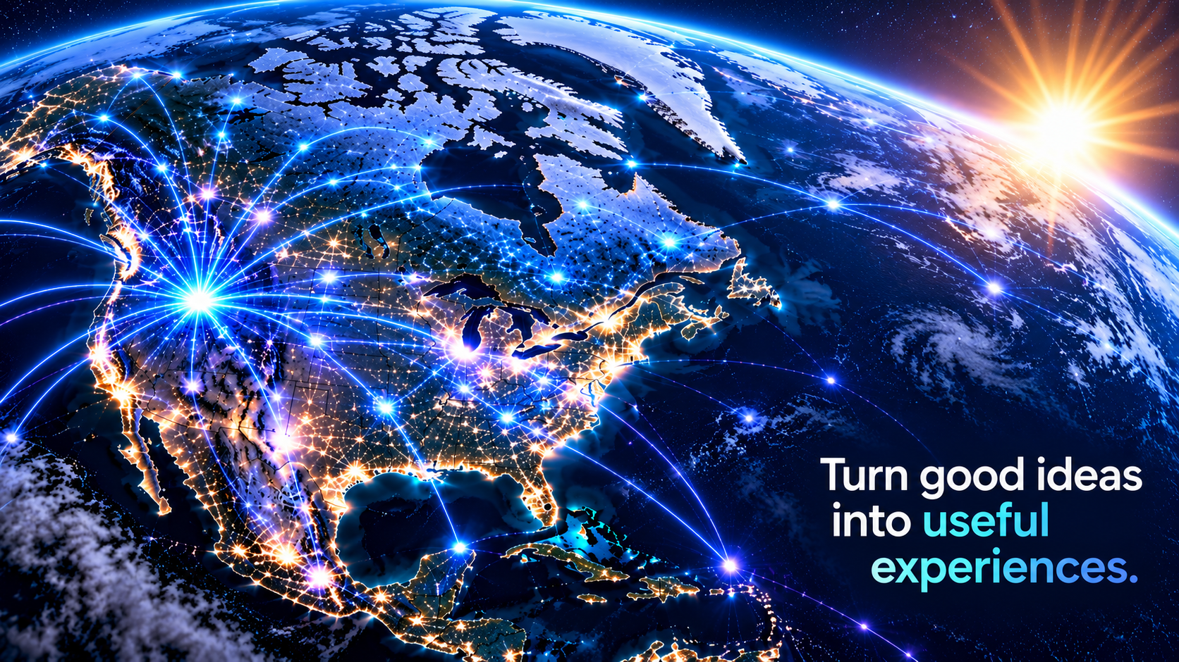 North America viewed from space with illuminated communication connections and sunrise